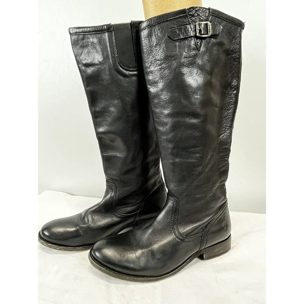 Frye Women's Pippa Tall Black Leather Boots Sz 7.5 B GUC Riding SOFT Back Zip
